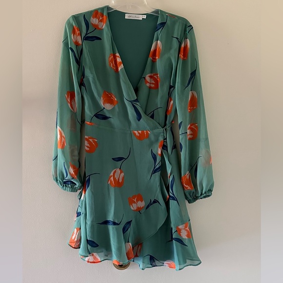 All In Favor Sheer Long Sleeve Mini Floral Tulip Wrap Dress - Picture 2 of 8